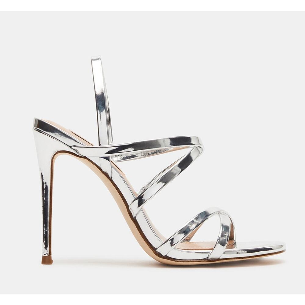 STEVE MADDEN Tylah SIlver 4.5" Stilleto Heels Glossy Sandals Party Cocktail W 8M